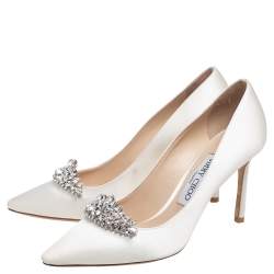 Pre Owned Jimmy Choo Off White  Satin Crystal Embellished Romy Pointed Toe Pumps Size 37