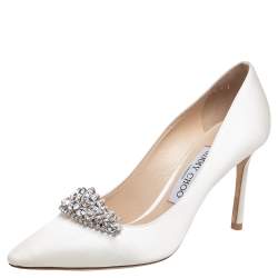 Pre Owned Jimmy Choo Off White  Satin Crystal Embellished Romy Pointed Toe Pumps Size 37