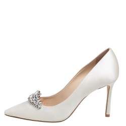 Pre Owned Jimmy Choo Off White  Satin Crystal Embellished Romy Pointed Toe Pumps Size 37