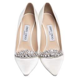 Pre Owned Jimmy Choo Off White  Satin Crystal Embellished Romy Pointed Toe Pumps Size 37