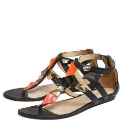 Pre Owned Jimmy Choo Black Leather Crystal Embellished T Strap Flat Sandals Size 39.5