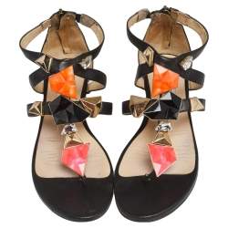 Pre Owned Jimmy Choo Black Leather Crystal Embellished T Strap Flat Sandals Size 39.5