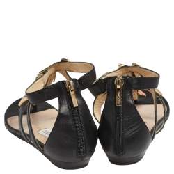 Pre Owned Jimmy Choo Black Leather Crystal Embellished T Strap Flat Sandals Size 39.5