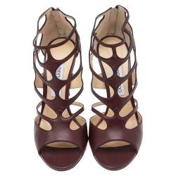 مملوكة مسبقًا Jimmy Choo Burgundy Leather Ren Cut Out Peep Toe Sandals Size 39