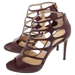 مملوكة مسبقًا Jimmy Choo Burgundy Leather Ren Cut Out Peep Toe Sandals Size 39
