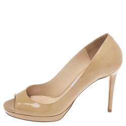 Pre Owned حذاء كعب عالي جيمي تشو جلد لامع بيج نعل سميك مقاس 39