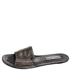 Jimmy Choo Grey Snakeskin Leather Nanda Flat Slide Sandals Size 36