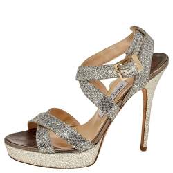 Pre Owned Jimmy Choo Silver/Gold Glitter And Lamé Vamp Platform Ankle Strap Sandals Size 39.5 