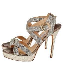 Pre Owned Jimmy Choo Silver/Gold Glitter And Lamé Vamp Platform Ankle Strap Sandals Size 39.5 