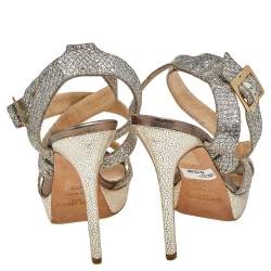 Pre Owned Jimmy Choo Silver/Gold Glitter And Lamé Vamp Platform Ankle Strap Sandals Size 39.5 