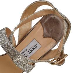 Pre Owned Jimmy Choo Silver/Gold Glitter And Lamé Vamp Platform Ankle Strap Sandals Size 39.5 