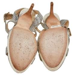 Pre Owned Jimmy Choo Silver/Gold Glitter And Lamé Vamp Platform Ankle Strap Sandals Size 39.5 