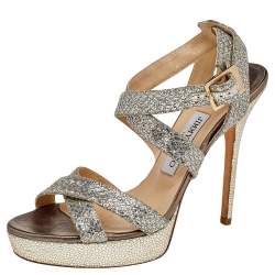 Pre Owned Jimmy Choo Silver/Gold Glitter And Lamé Vamp Platform Ankle Strap Sandals Size 39.5 