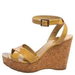 مملوكة مسبقًا Jimmy Choo Yellow Patent Leather Lucia Cross Strap Wedge Ankle-Strap Sandal Size 39