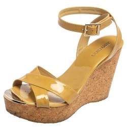 مملوكة مسبقًا Jimmy Choo Yellow Patent Leather Lucia Cross Strap Wedge Ankle-Strap Sandal Size 39
