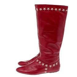Pre Owned Jimmy Choo Red Leather Embellished Mid Calf Boots Size 37