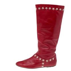 Pre Owned Jimmy Choo Red Leather Embellished Mid Calf Boots Size 37