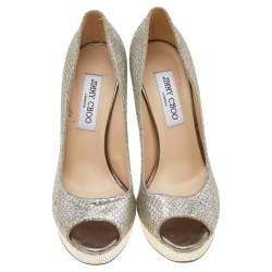Jimmy Choo Gold Glitter Luna Peep Toe Platform Pumps Size 38