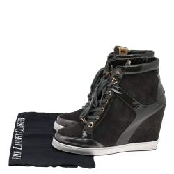 Pre Owned Jimmy Choo Dark Grey Patent Leather And Suede Panama Wedge Sneakers Size 39