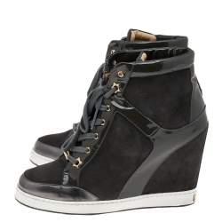 Pre Owned Jimmy Choo Dark Grey Patent Leather And Suede Panama Wedge Sneakers Size 39