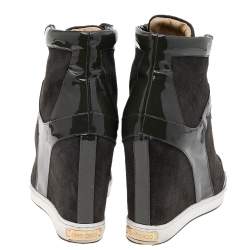 Pre Owned Jimmy Choo Dark Grey Patent Leather And Suede Panama Wedge Sneakers Size 39