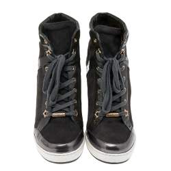 Pre Owned Jimmy Choo Dark Grey Patent Leather And Suede Panama Wedge Sneakers Size 39