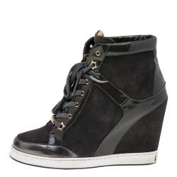 Pre Owned Jimmy Choo Dark Grey Patent Leather And Suede Panama Wedge Sneakers Size 39