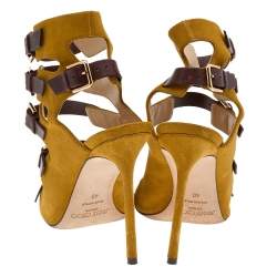 Jimmy Choo Yellow/Brown Suede And Leather Trick Caged Sandals Size 40