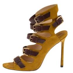 Jimmy Choo Yellow/Brown Suede And Leather Trick Caged Sandals Size 40