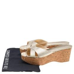 Jimmy Choo Gold Leather Prima  Cork Wedge Platform Slide Sandals Size 40
