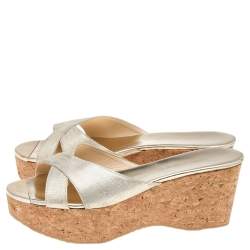 Jimmy Choo Gold Leather Prima  Cork Wedge Platform Slide Sandals Size 40
