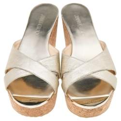 Jimmy Choo Gold Leather Prima  Cork Wedge Platform Slide Sandals Size 40