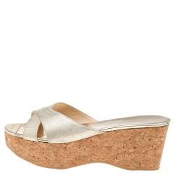 Jimmy Choo Gold Leather Prima  Cork Wedge Platform Slide Sandals Size 40