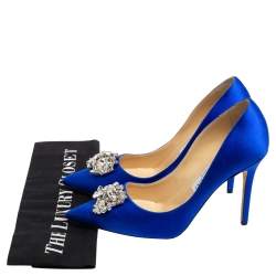 Pre Owned Jimmy Choo Electric Blue Satin Manda Crystal Embellished Pointed Toe Pumps Size 38