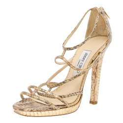 Jimmy Choo Metallic Gold/Beige Leather Strappy Sandals Size 39