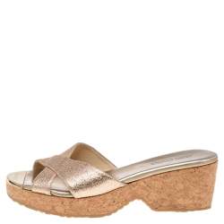 Pre Owned Jimmy Choo Gold Glitter Prima Cork Wedge Sandals Size 35