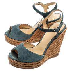 Pre Owned Jimmy Choo Blue Suede Ankle Strap Espadrille Wedge Sandals Size 36.5