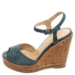 Pre Owned Jimmy Choo Blue Suede Ankle Strap Espadrille Wedge Sandals Size 36.5