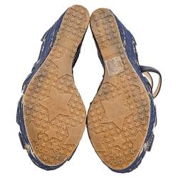 Pre Owned Jimmy Choo Navy Blue Leather Floral Embroidered Cork Wedge Ankle Strap Sandals Size 38