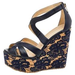 Pre Owned Jimmy Choo Navy Blue Leather Floral Embroidered Cork Wedge Ankle Strap Sandals Size 38