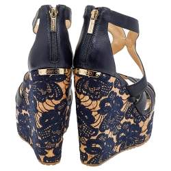 Pre Owned Jimmy Choo Navy Blue Leather Floral Embroidered Cork Wedge Ankle Strap Sandals Size 38