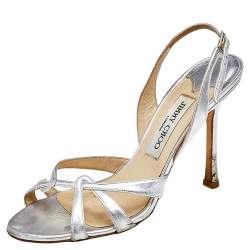 Pre Owned Jimmy Choo Silver Leather Ankle Strap Sandals  Size 38