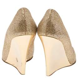 Pre Owned Jimmy Choo Metallic Gold Glitter Fabric Baxen Peep Toe Wedges Pumps Size 36.5