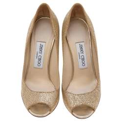 Pre Owned Jimmy Choo Metallic Gold Glitter Fabric Baxen Peep Toe Wedges Pumps Size 36.5