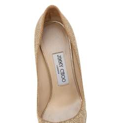 Pre Owned Jimmy Choo Metallic Gold Glitter Fabric Baxen Peep Toe Wedges Pumps Size 36.5