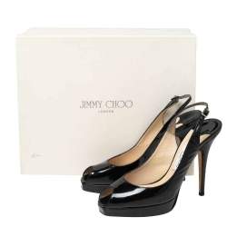 Jimmy Choo Black Patent Leather Peep Toe Slingback Sandals Size 37.5