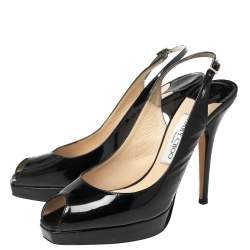 Jimmy Choo Black Patent Leather Peep Toe Slingback Sandals Size 37.5