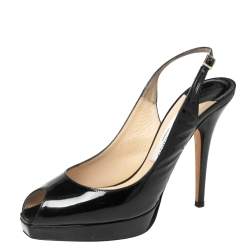 Jimmy Choo Black Patent Leather Peep Toe Slingback Sandals Size 37.5