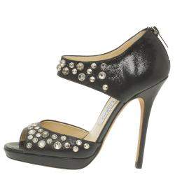 Pre Owned Jimmy Choo Black Studded Leather Bonnie Back Zip Platform Sandals Size 36.5