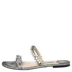 مملوكة مسبقًا Jimmy Choo Silver Texture Leather Crystal Flats Sandals Size 37.5